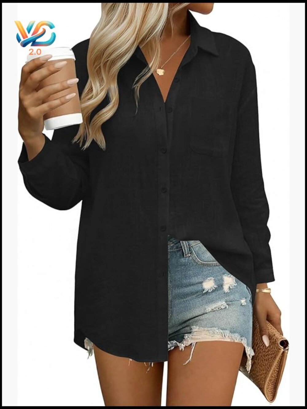 Linen Cotton Button Down Shirt Long Sleeve Loose Fit Casual Blouse with Pocket